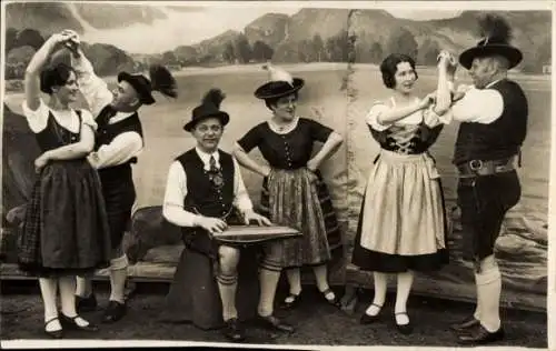Foto Ak Tänzer in bayrischen Trachten, Zither, Dirndl, Lederhose