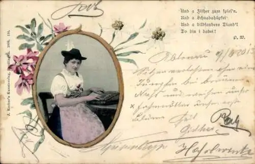 Ak Frau in Tracht mit Zither, Dirndl