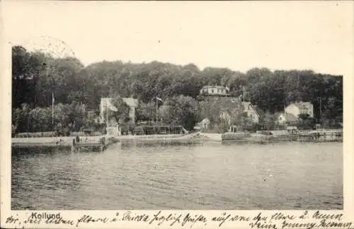 Ak Kollund Aabenraa Dänemark, Blick vom Wasser zum Strand