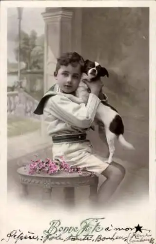 Ak Junge und Hund, Blumen, Porträt