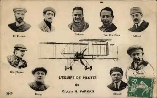 Ak-Doppeldecker-Pilotenteam H. Farman, Dickson, Jullerot, Duray, Geo Chavez