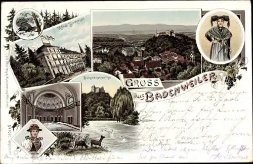 Litho Badenweiler am Schwarzwald, Hotel Sommer, Schwanenweiher, Marmorbad, Frauen in Volkstrachten