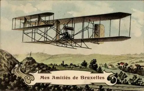 Ak Brüssel, Zivilflugzeug, Doppeldecker, Flugpionier