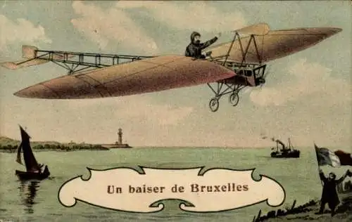 Ak Brüssel, Zivilflugzeug, Eindecker, Segelboot