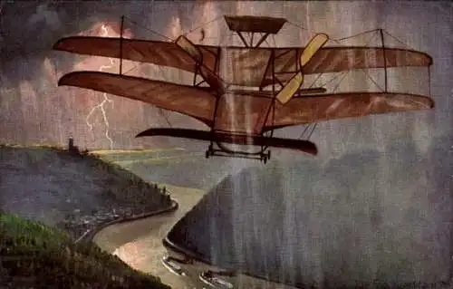 Künstler Ak Hildebrandt, Fritz, Flugzeug, Rhein, Kapitän Sandes, Biplan, Gewitter, Flugpionier