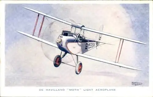 Künstler Ak Leichtflugzeug De Havilland Moth