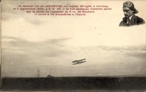 Ak Lefebvre fliegt in der Abenddämmerung auf einem Wright-Doppeldecker, Aéroplane