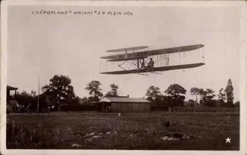 Ak Flugzeug Wright, Doppeldecker, Flugpionier