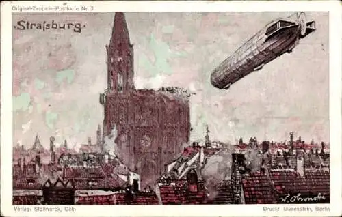 Künstler Ak Obronski, W., Strasbourg Straßburg Elsass Bas Rhin, Zeppelin über der Stadt