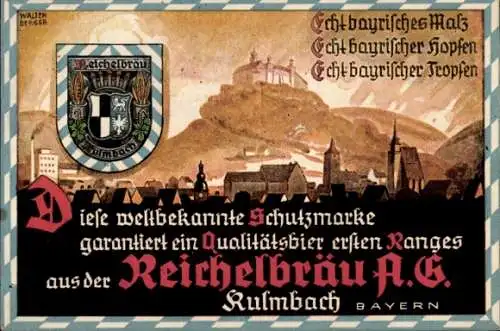 Künstler Ak Reichelbräu AG Kulmbach, Wappen, Stadtpanorama, Qualitätsbier