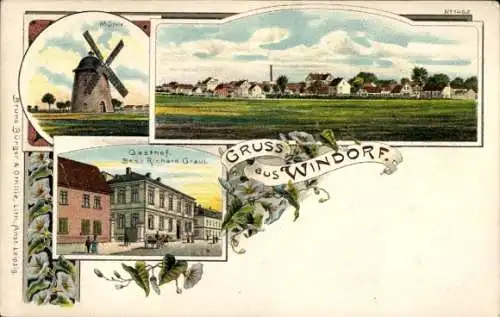 Litho Windorf Leipzig, Gesamtansicht, Windmühle, Gasthof, BB&OL1462