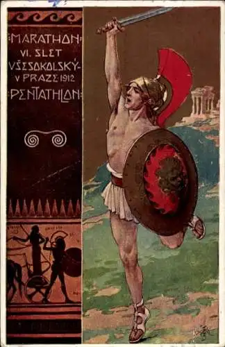 Künstler Ak Praha Prag, Marathon, VI. Slet Vzesokolsky 1912, Pentathlon, Läufer