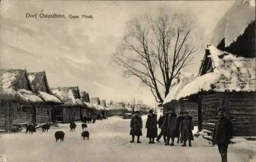 Ak Ostaschino Gouv. Minsk Weißrussland, Deutsche Soldaten in Uniformen, Winter, I WK