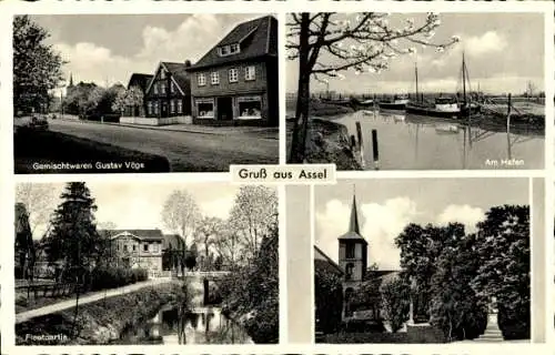 Ak Assel Drochtersen Niedersachsen, Geschäft G. Vöge, Hafen, Fluss, Kirche, Denkmal