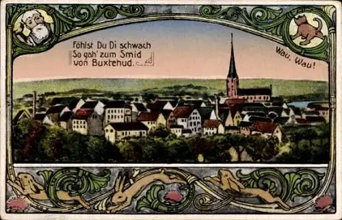 Passepartout Künstler Ak Buxtehude in Niedersachsen, Panorama, Schmied, Hund, Hase