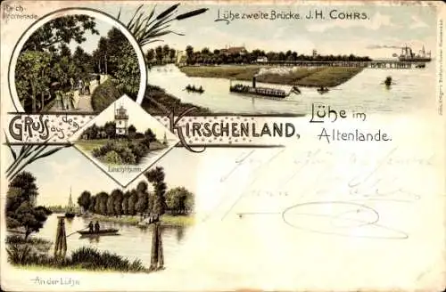 Litho Lühe Jork im Alten Land, Deichpromenade, Leuchtturm, Zweite Brücke