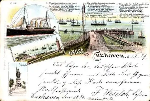 Litho Nordseebad Cuxhaven, Hafenpanorama, Leuchtturm, Kriegerdenkmal