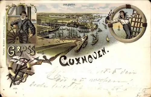 Litho Cuxhaven in Niedersachsen, Hafenpanorama, Fahne Kaiserreich, Steuermann, Matrose