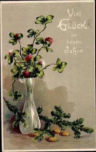 Präge Ak Glückwunsch Neujahr, Glücksklee in der Blumenvase, münzen