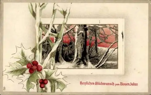 Präge Ak Glückwunsch Neujahr, Stechpalme, Wald