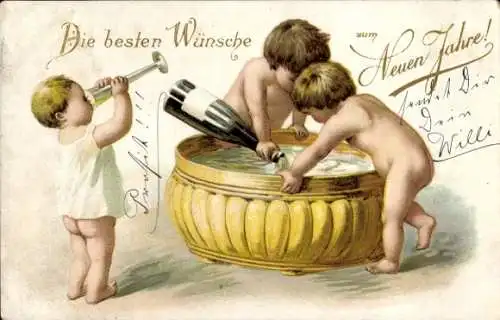 Präge Litho Glückwunsch Neujahr, Kinder trinken Sekt