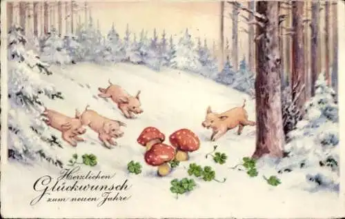 Ak Glückwunsch Neujahr, Schweine, Pilze, Glücksklee, Wald