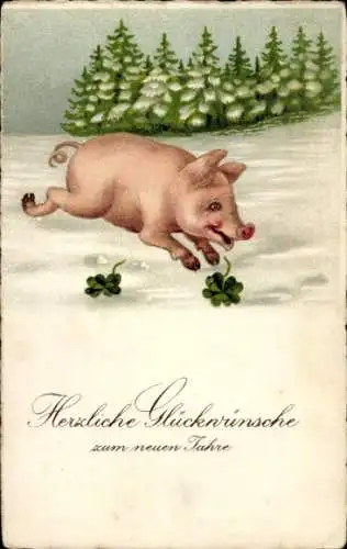 Ak Glückwunsch Neujahr, Schwein, Glücksklee, Tannenbäume