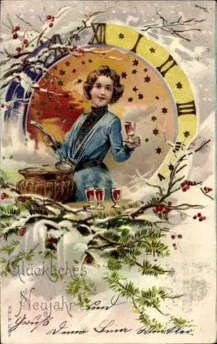 Ak Glückwunsch Neujahr, Junge Dame mit Punsch, Uhr, Tannenbaum