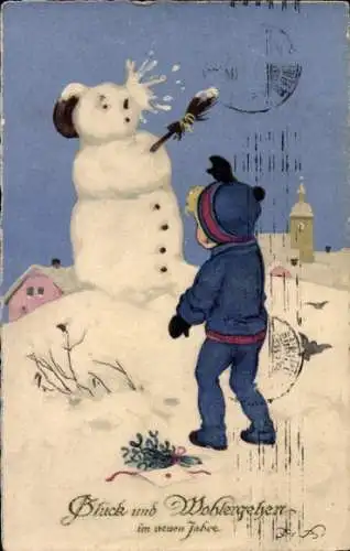 Ak Glückwunsch Neujahr, Schneemann, Kind, Mistelzweige