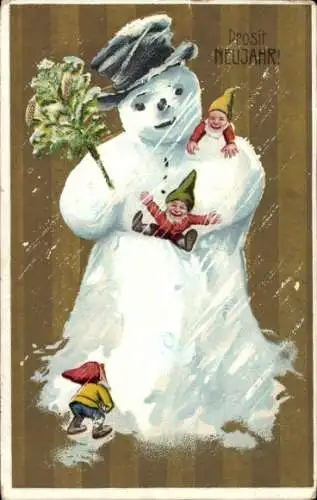 Präge Ak Glückwunsch Neujahr, Schneemann, Zwerge