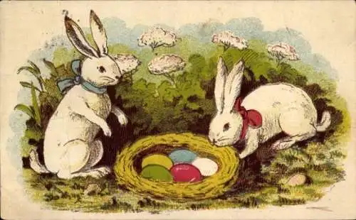 Ak Glückwunsch Ostern, Osterhasen, Ostereier im Korb