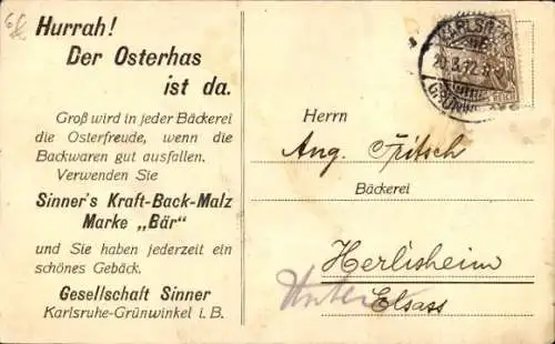 Ak Glückwunsch Ostern, Osterhasen, Ostereier im Korb