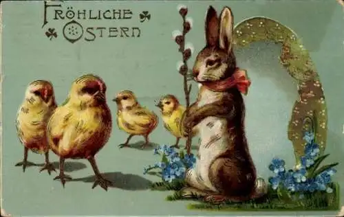 Ak Glückwunsch Ostern, Osterhase, Küken, Weidenkätzchen