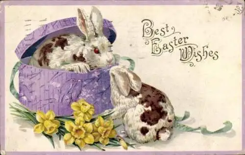 Präge Ak Glückwunsch Ostern, Osterhasen, Truhe, Blumen