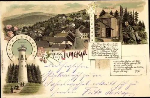 Litho Ilmenau Thüringen, Totalansicht, Goethe-Haus, Kickelhahn