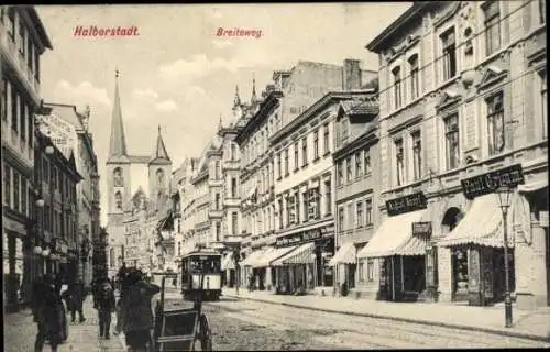 Ak Halberstadt am Harz, Breiteweg, Straßenbahn, Geschäft Paul Grimm