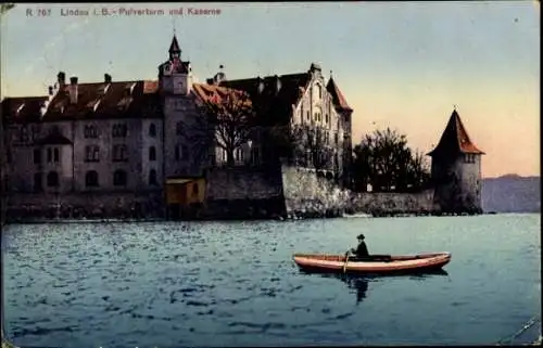Ak Lindau in Bodensee Schwaben, Pulverturm und Kaserne, Ruderboot