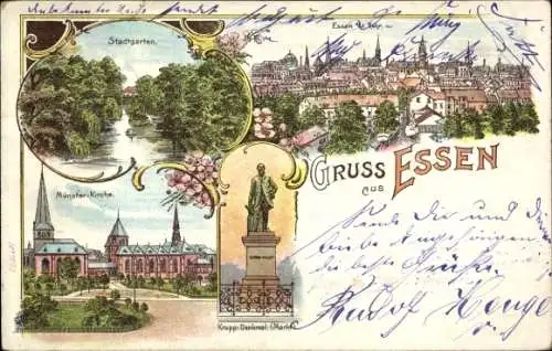 Litho Essen im Ruhrgebiet, Stadtgarten, Münster-Kirche, Krupp-Denkmal, Markt