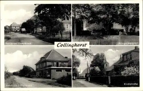 Ak Collinghorst Rhauderfehn in Ostfriesland, Kaufhaus Battermann, Kirchstraße, Steenblock, Denkmal