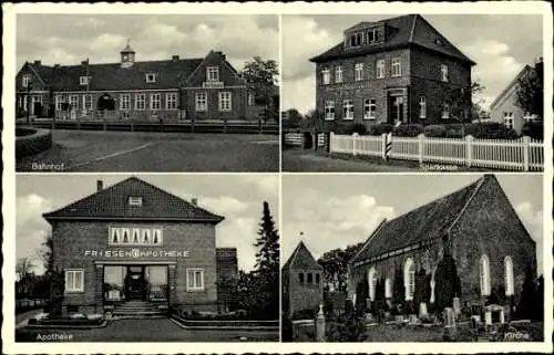 Ak Ihrhove Westoverledingen in Ostfriesland, Bahnhof, Sparkasse, Friesen-Apotheke, Kirche