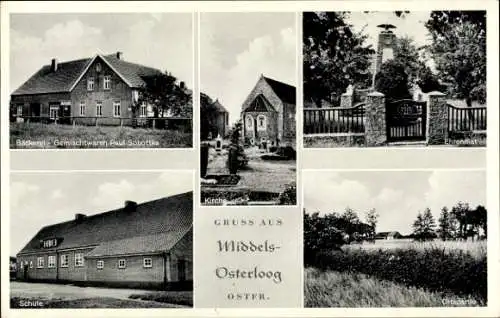 Ak Osterloog Middels Aurich Ostfriesland, Bäckerei Geschäft Paul Sobottka, Ehrenmal, Schule, Kirche