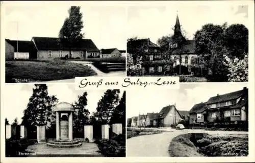 Ak Lesse Salzgitter in Niedersachsen, Schule, Kirche, Ehrenmal, Siedlung