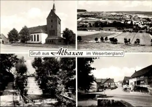 Ak Albaxen Höxter im Weserbergland, Kirche, Wasserfall, Total, Straßenansicht