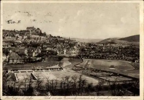 Ak Marburg an der Lahn, Blick von der Bismarckpromenade mit Sommerbad und Stadion