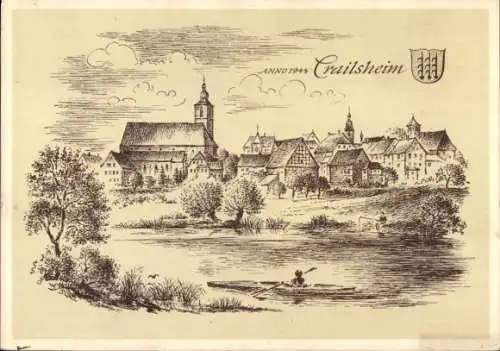 Künstler Ak Schäfer Grohe, Crailsheim in Württemberg, Stadt mit Kirche, Wappen