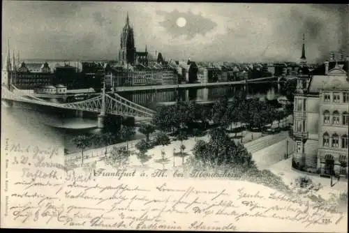 Ak Frankfurt am Main, Teilansicht, Mondschein, Kirchturm, Brücke