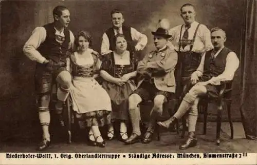 Ak Niederhofer-Wolff, 1. Orig. Oberlandlertruppe, München, Trachten, Dirndl, Lederhose