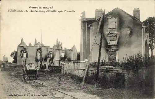 Ak Luneville Meurthe et Moselle, Guerre de 1914-15, Le Faubourg d'Einville apres l'incendle