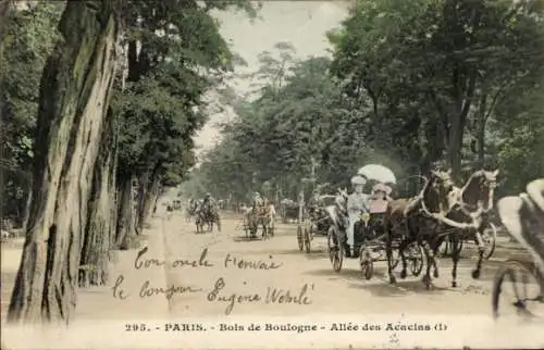 Ak Paris XVI, Bois de Boulogne, Allee des Acacias, Kutschen