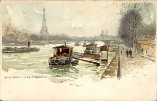 Litho Paris, Seine, Pont de la Concorde, Eiffelturm